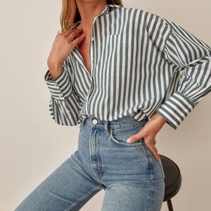 Reformation Elinor Green and White Striped Button Down